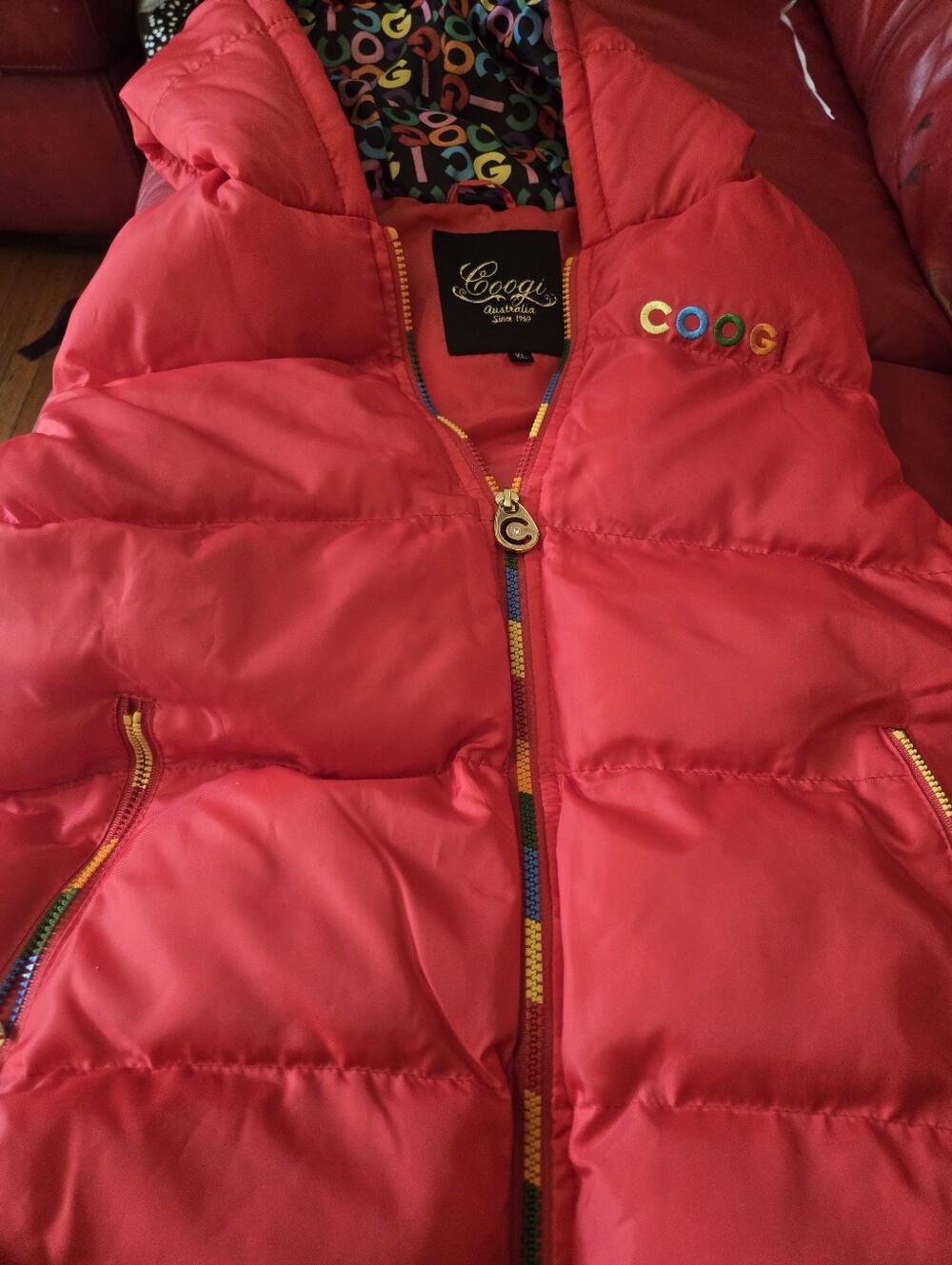 COOGI Bright Red Adult Jacket Puffer Jacket with Multicolor Trim